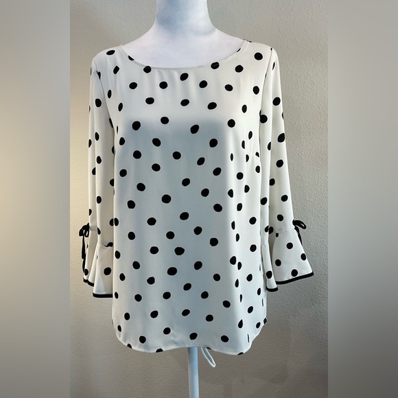Talbots Black and White Polka Dot, Bell Sleeve Blouse - Picture 2 of 12